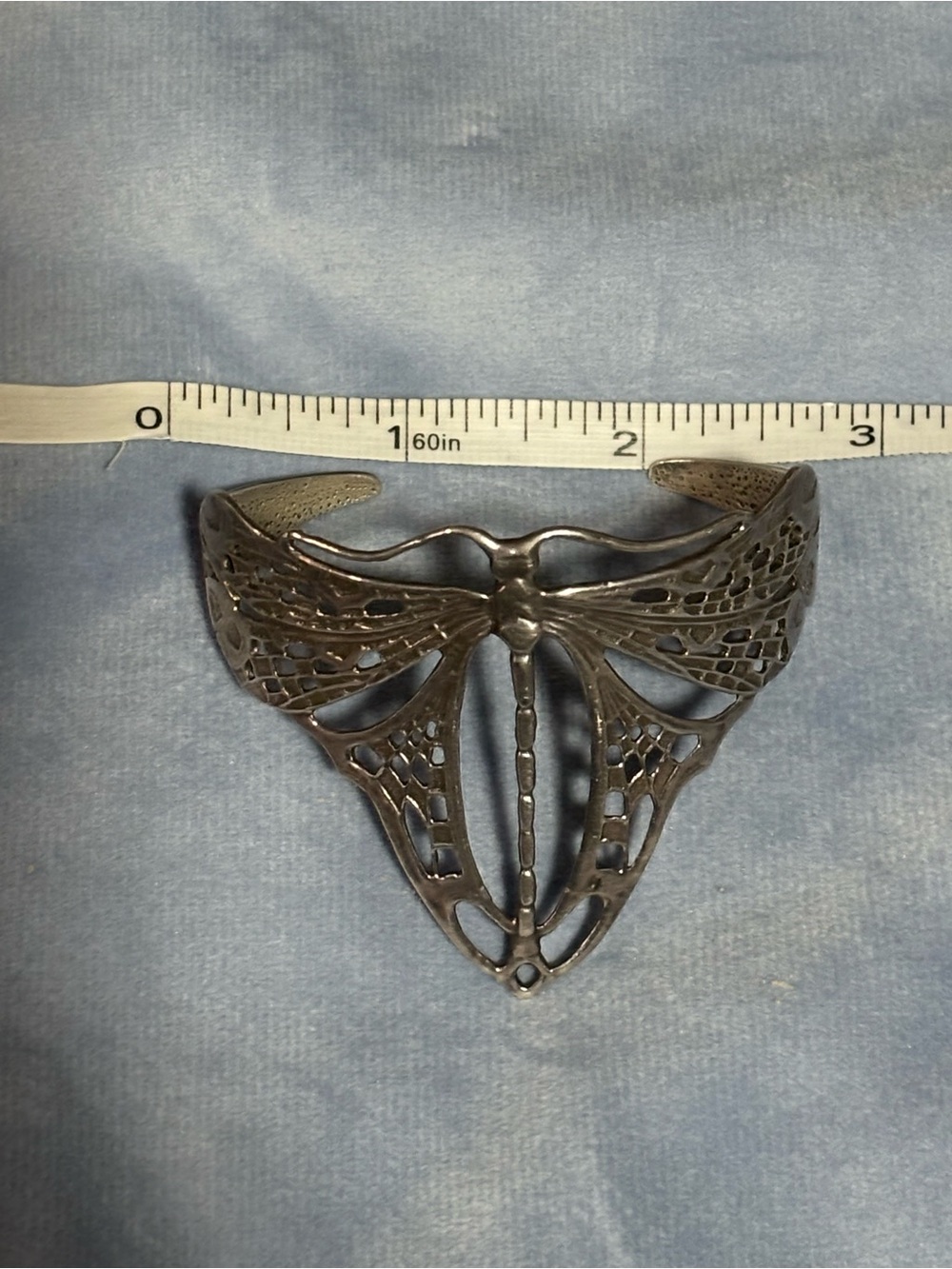 .925 Sterling dragonfly cuff bracelet detailed filigree wings Art Nouveau style - Picture 3 of 4